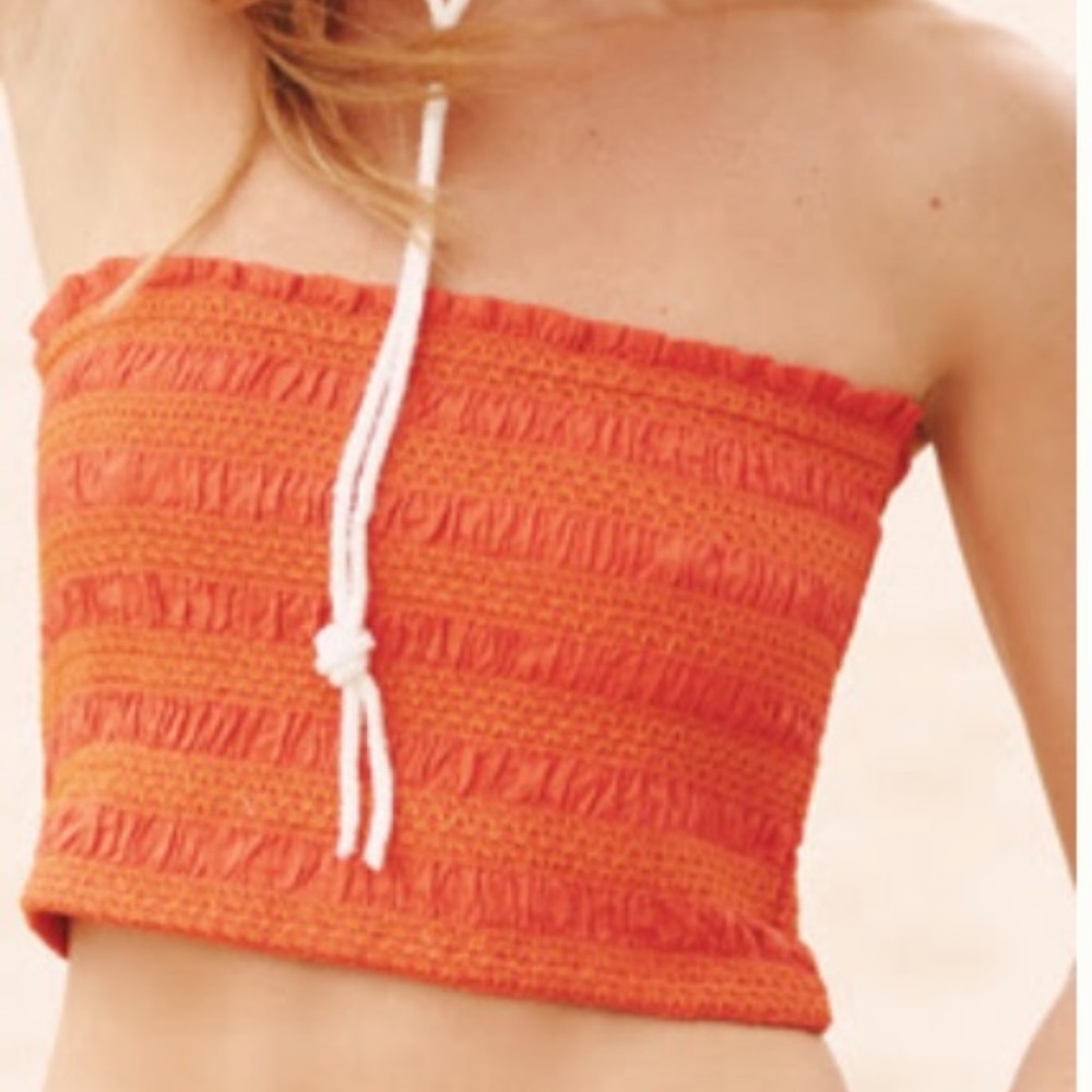 Celandine by Anthropologie Aura Red Strapless Smocked Cotton Top, Women's Size L